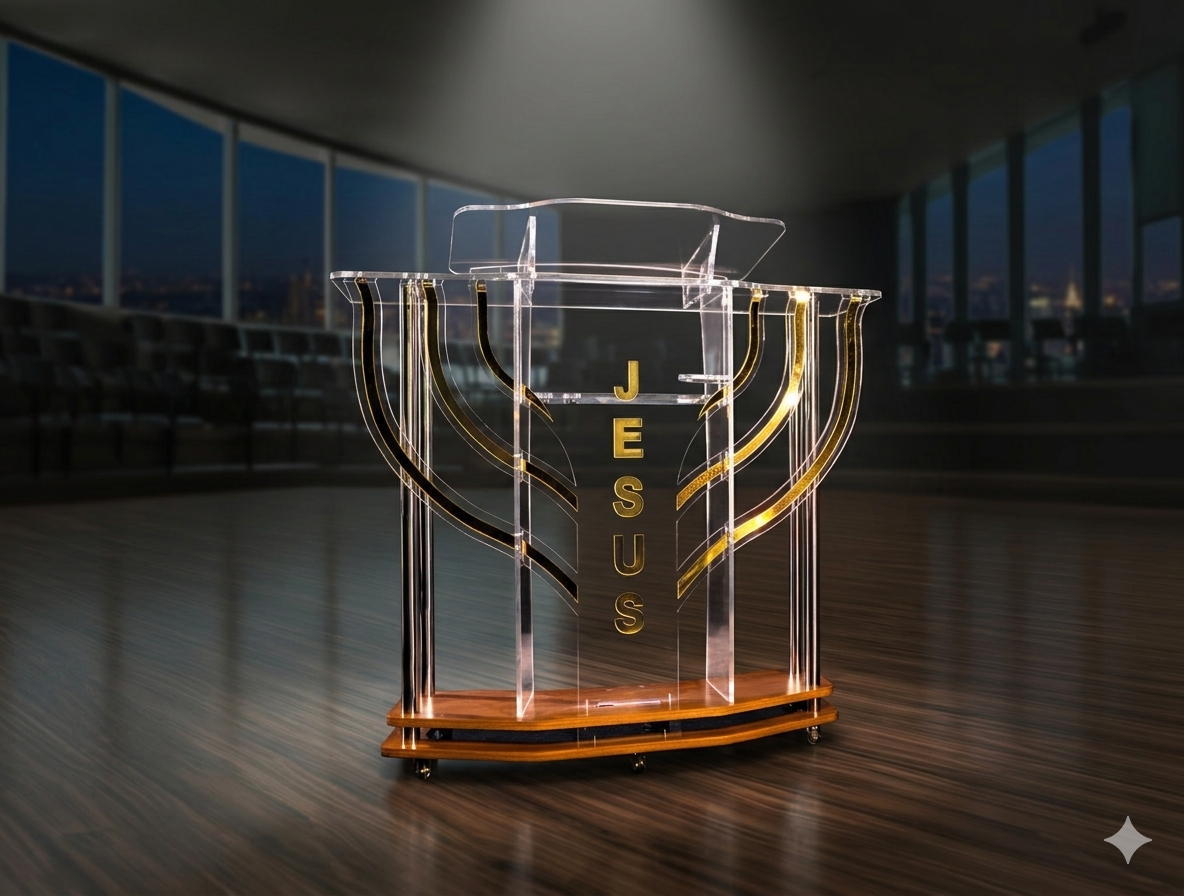 Púlpito de acrílico cristal em ambiente de altar de igreja